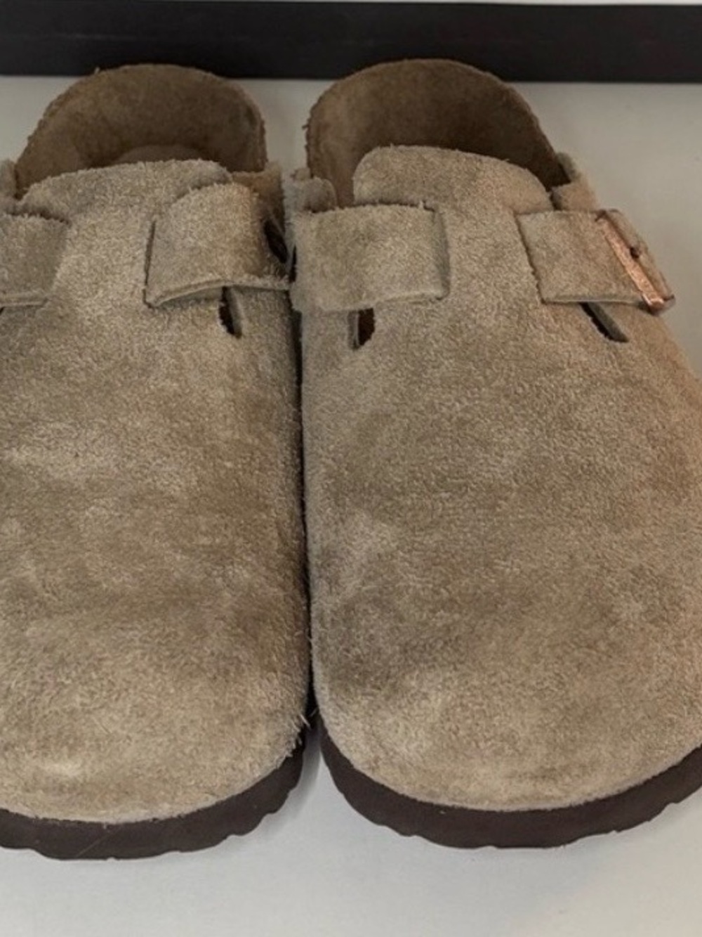 Birkenstock Suede Sandal Strap in Taupe with Aged Copper Buckle